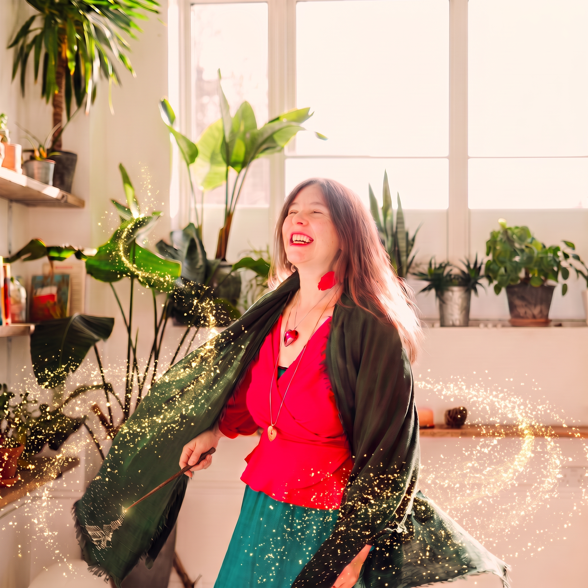 Emily laughing and swirling her scarf, with golden sparkles flying off it as she twirls and holding a slim magic wand